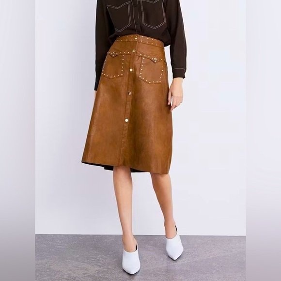 Zara Faux Leather A line Skirt Tan size S - Picture 1 of 6